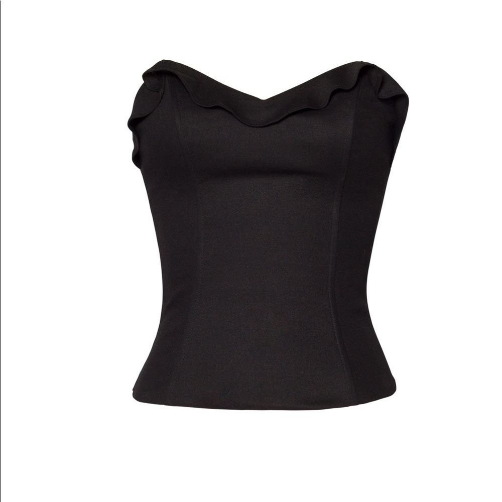 Black twill bustier with ruffle from pinup girl couture.